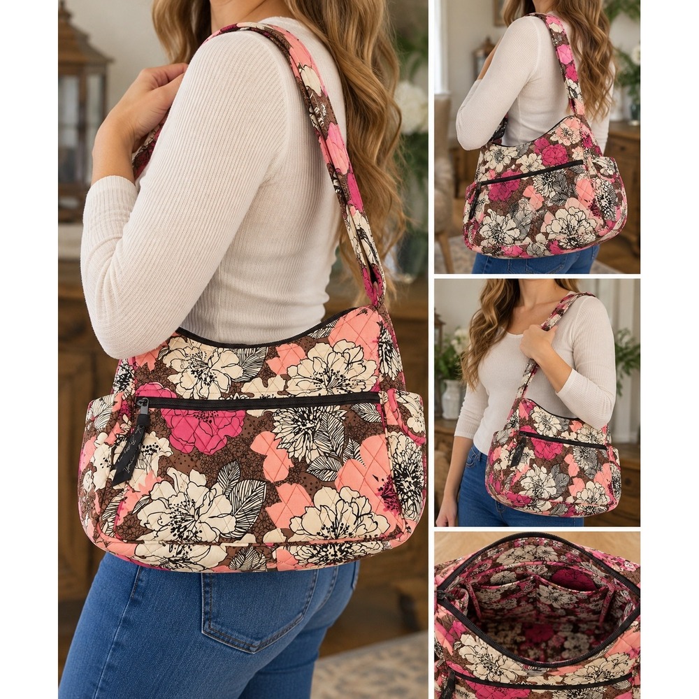 Vera Bradley Mod Floral Pink Quilted Cotton Shoulder Bag Y2K Hobo Satchel